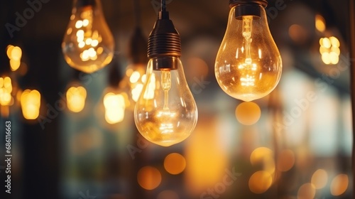 Decorative antique style light bulbs shine with orange light against a blurred evening city background.