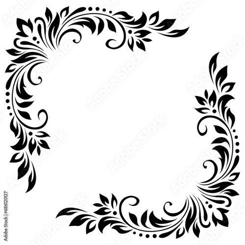 Abstract pattern, decorative element, clip art with stylized leaves, flowers and curls in black lines on white background. Corner vintage ornament, border, frame