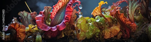 The moist, spongy surface of a trumpet pitcher plant, its carnivorous intent hidden behind a facade of vibrant color.