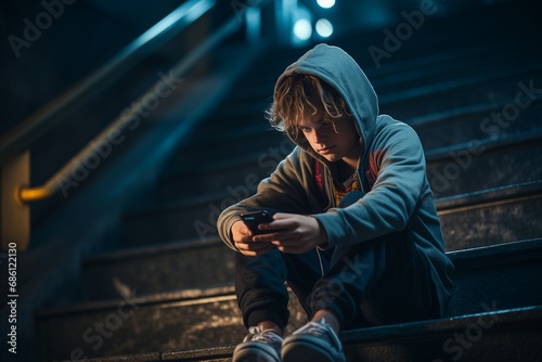 Homeless boy sitting on the stairs outdoor holding phone at night are saddened and frustrated with life. made picture to the concept