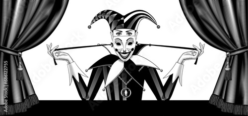 A beautiful girl in a joker costume and hat holds a smiling joker mask in her hands on an old banner. Vintage engraving with a black and white stylized pattern. Vector illustration