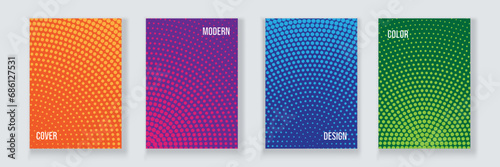 Vector set of saturated color a4 cover design template with circle halftone dot pattern.