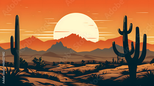 Sunset in Arizona Desert with Cacti Silhouette Vector Illustration