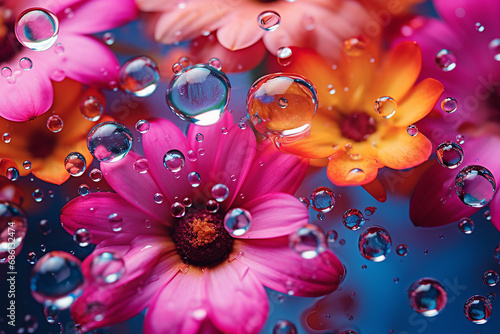 macro, bright flowers underwater with bubbles, pink, orange and blue colors, background or screensaver