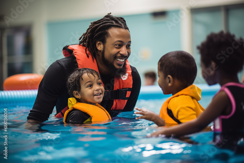 Cheerful black man teaching kids how to swim in the pool