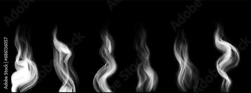Wavy steam. Set of vector design elements. Realistic white smoke and vapor on black background