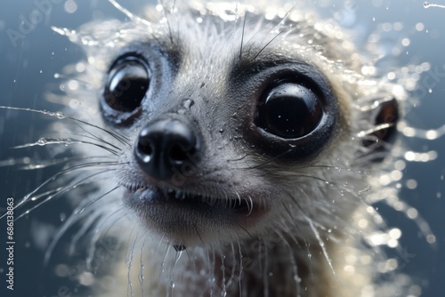  a close up of a small animal with drops of water on it's face and it's eyes.