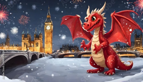 Red dragon cartoon illustration in London near Tower bridge and Big Ben winter snow night evening New Year fireworks
