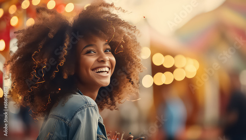 Dark-skinned happy woman smiling wide in amusement park ,concept carnival