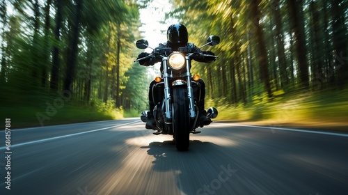 Woman drives on a motorcycle on a country road