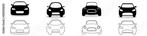 Car icons black vector set. Outline car vector icons. Vehicle on a white background flat icon. Car shape vector. A set of two cars for travel and pleasure.