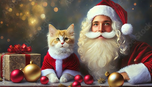 Święty Mikołaj ze swoim kotem. Zabawna kartka, ilustracja świąteczna