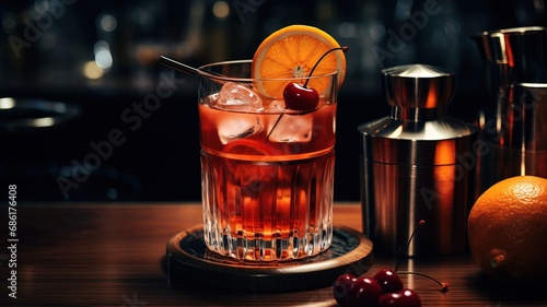 Glass of alcoholic beverage containing whisky, gin, liqueur and ice, a classic cocktail and aperitif for a celebration or party.