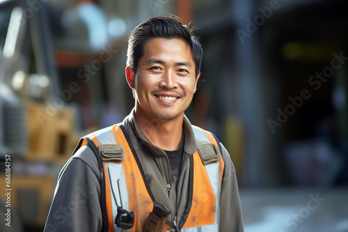 Smiling men bricklayer in work clothes on a construction site. Mason at work. Job. Asian bricklayer construction company. AI