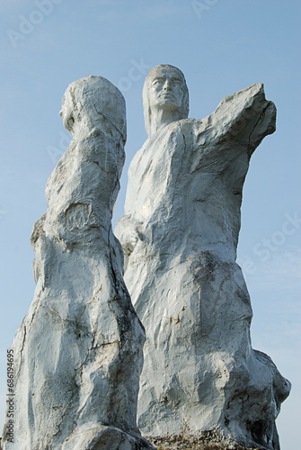 The statues are of philosopher Robert Knox and his wife, Dona Paula, Panjim, Goa, India, Asia.