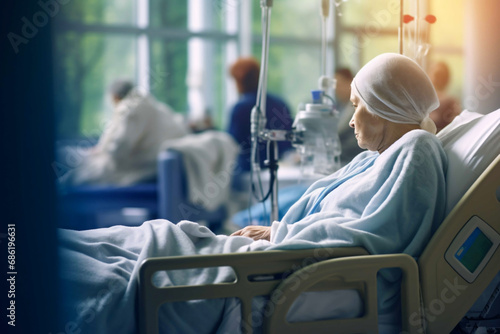 An old desperate woman with cancer is lying in the hospital