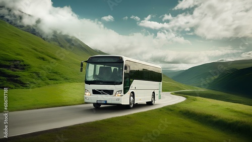 Tourist bus traveling on mountain road Travel destination