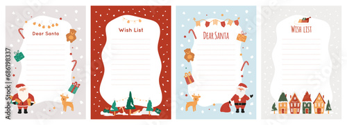 Christmas wish list set, letter template with Santa Claus, cute animals deer and bear, cozy houses and snowy trees, festive bunting. Winter illustration for kids gifts wishes, dreams message.