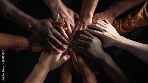 Many hands of different races and ethnicities. United for equality: Diverse youth fighting against discrimination