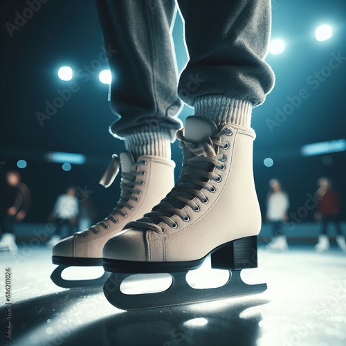 A low-angle shot captures a pair of ice skates on a rink, with the background blurred to focus on the skates.
