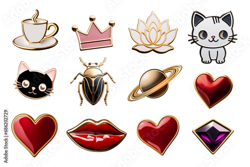 Popular cute enamel pins icons set isolated. Beauty enamel pins collection - heart, flower
