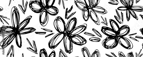 Floral chintz seamless pattern with silhouettes flowers chamomile, aster, rose and eaves. Black and white hand drawn botanical background. Monochrome botanical wallpaper with simple plants