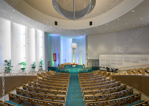 Interior of the modern St Peter's Lutheran Church in Columbus, Indiana