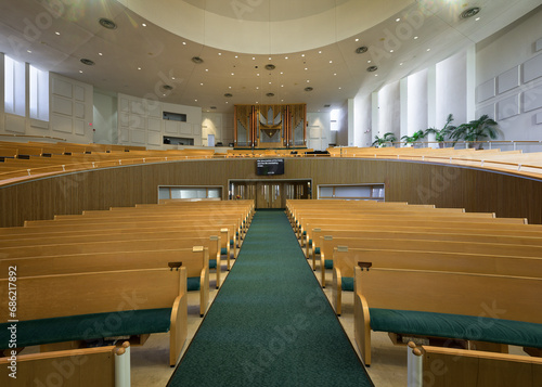 Interior of the modern St Peter's Lutheran Church in Columbus, Indiana