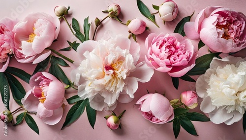 many delicate tender pink big and small open and closed peony flowers and buds levitating on seamless pink surface top view generative ai image