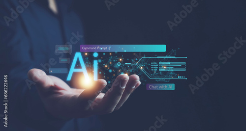 Ai technology, businessman show virtual graphic Global Internet connect Chat with AI, Artificial Intelligence. using command prompt for generates something, Futuristic technology transformation.