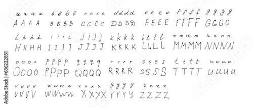 Alphabet is handwritten in black pen scrawl on white background. Doodle style English letters are uppercase and small in different styles.