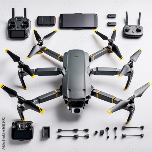 Imagen realista del rediseño de un dron tipo mavic en una vista explosiva y componentes detallados Re-diseño 4
