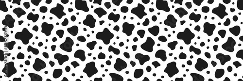 Vector cow seamless pattern. Black and white animal skin texture background. Milk farm, dairy illustration for print, package, surface design. Cartoon irregular spots wallpaper. Abstract doodle shapes