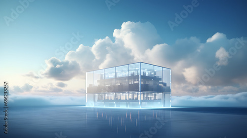 An ethereal cloud data center floating in the sky, symbolizing remote cloud storage solutions.