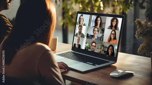 Back view of female employee talk speak on video call on laptop with diverse business people. Online business meeting, video call group of people meeting on virtual workplace or remote office.