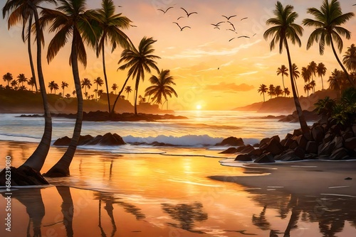 "Generate a tranquil beach at sunrise, with gentle waves, palm trees, and a soft, golden glow."