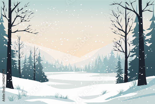 Winter simple landscape. Trees without leaves, snowdrifts, spruce and pine trees against the backdrop of mountains covered with snow in snowy weather. Design for Christmas or New Year.