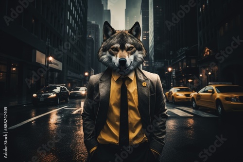 Wolf man dressed in gray suit with jacket, yellow shirt and tie on business street. Businessman on wall street. Marketing and broker concept