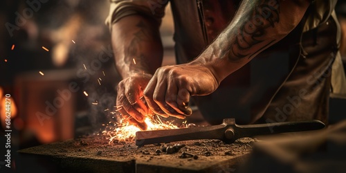 A close-up of a medieval blacksmith's hands crafting a sword, with fire and anvil in the background