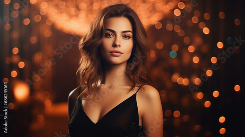 beautiful woman in a black dress on a background of lights. ai generative