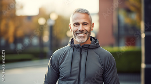 Portrait of smiling middle-aged man in sportswear standing outdoors. ai generative