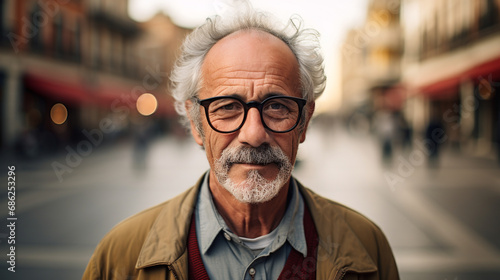 Portrait of an elderly man with glasses in the city. ai generative