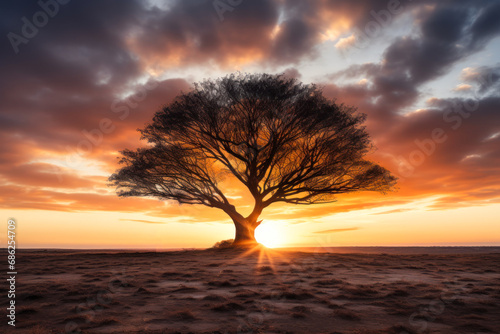 lonely tree in the African desert against the backdrop of the orange sunset sun generative ai