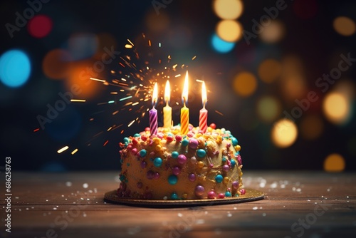 A picture of a birthday cake with candles lit and colorful sprinkles. This image can be used to celebrate birthdays and special occasions.