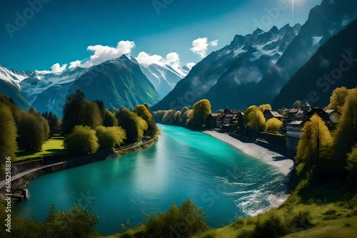 River and mountains with blue sky - Interlaken, Switzerland