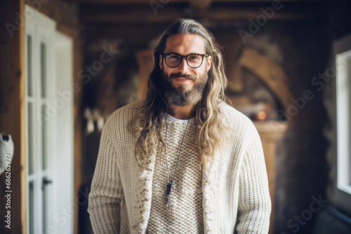 Portrait of a handsome European male model wearing prescription glasses and Norwegian knitted cardigan