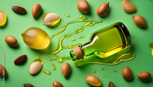 Argan oil bottle with fruits and oil splash on green background composite