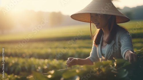 Female worker picking tea leaves on green plantation. Woman work on Tea farm harvest. Farmers collecting tea. Rural women workers plucking tender tea shoots.