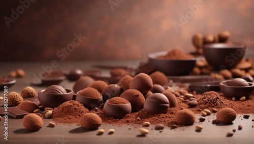 Chocolate bonbons , cocoa beans and cocoa powder on the table 