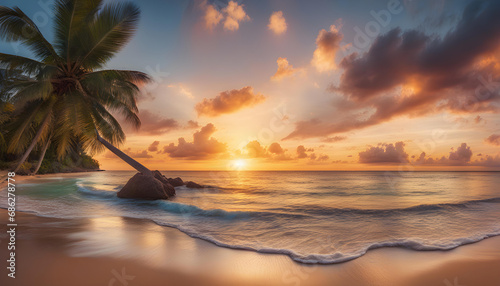 Beautiful panoramic sunset tropical paradise beach.